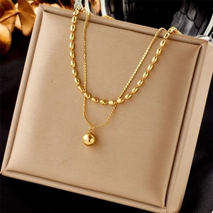 Double Layer Necklace Stainless Steel Round Ball Pendant Olive Bead Chain Gold Plated Minimalist Jewelry For Women