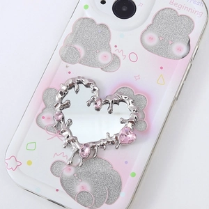 Y2K fluid heart mirror phone case with pink rhinestones and silver liquid metal design
