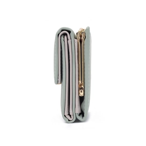 Green leather tri-fold wallet for women with gold-tone metal clasp and multiple card slots