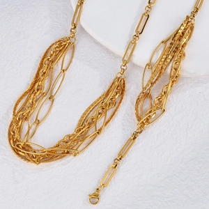 Chic multi-layered gold stainless steel necklace set with various chain textures