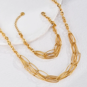 Layered gold chain necklace and bracelet jewelry set with S925 tag on white background