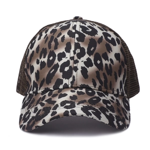 Women's leopard print trucker hat with brown breathable mesh and ponytail opening