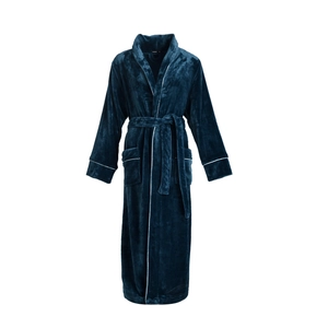 Thick flannel fleece bathrobe for couples with white piping and belted waist in navy