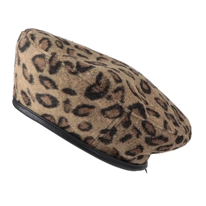 Vintage leopard print wool beret hat for women with stylish black faux leather trim edge