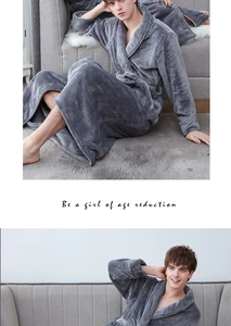Detail of a dark gray thick flannel bathrobe featuring a large lapel and waist tie belt