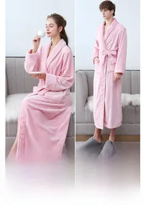 Pink coral fleece bathrobes for couples featuring belt closure and plush lapel details