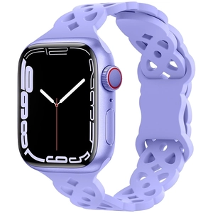 Vista detallada de la correa de silicona lila con diseño calado para Apple Watch serie