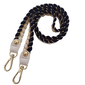 Adjustable woven cotton shoulder strap in navy and cream with gold metal buckles