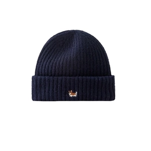 Unisex navy blue knit beanie with cute corgi dog embroidery for winter warmth