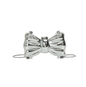 Silver metallic bow-shaped evening clutch bag with chain strap for women