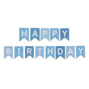 Blue Happy Birthday banner with gold foil swallowtail flags for party decorations