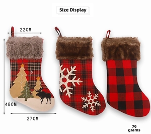 Detailed size specifications for embroidered Christmas stockings with plush cuff accents