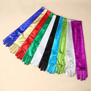 Detailed fan-shaped layout of colorful long velvet Christmas performance gloves in various shades