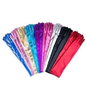 Colorful metallic long performance gloves displayed in multiple vibrant shiny colors