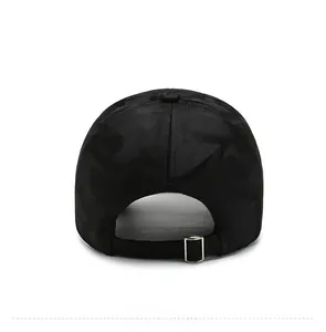 Detailed back view of black camo baseball cap with adjustable silver metal buckle