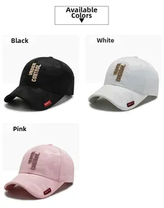 Detail view of baseball caps in black, white, and pink with dark camo texture embroidery