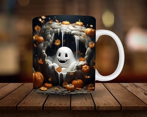 Detailed pattern of a white ghost and pumpkins on a white ceramic Halloween mug