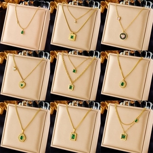 Vintage Geometric Pendant Necklace Stainless Steel Gold Plated Double Layer Chain Green Square Heart Zircon Jewelry For Women