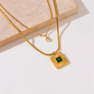 Double layer gold plated stainless steel necklace with green square pendant on stone