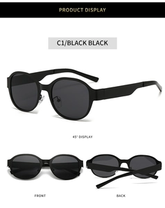 Three views of matte black oversized sunglasses showing front, back and 45-degree angles
