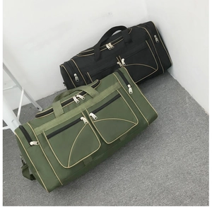 Front and side view of large capacity black and army green nylon travel duffle bags