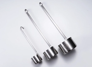 Three 304 stainless steel measuring scoops showing 150ml 300ml and 500ml sizes