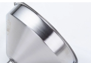 Detail shot of food-grade 304 stainless steel funnel with brushed metal texture