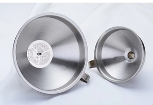 Macro detail of 304 stainless steel kitchen funnels with removable filter and side handles