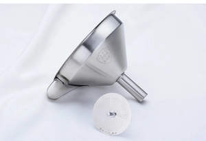 Close-up of 304 stainless steel kitchen funnel with fine mesh filter and brushed metal finish