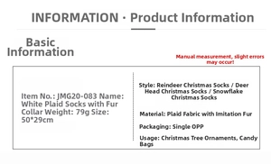 Tableau des tailles détaillé pour chaussettes de Noël à carreaux rouges avec élan et flocon