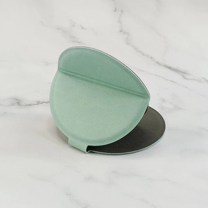 Slim round folding makeup mirror in mint green litchi leather and stainless steel