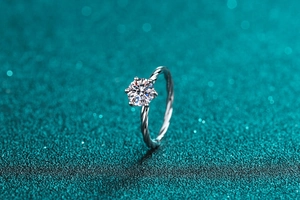 Vue macro d'une bague moissanite à six griffes avec un anneau torsadé en argent
