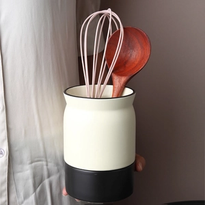 Nordic ceramic utensil holder in beige and black finish for kitchen storage