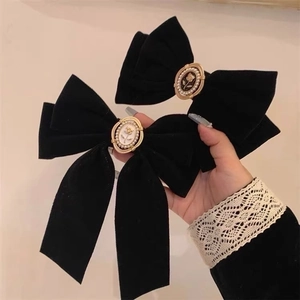 French vintage black velvet bow hair clip with embossed pearl center decoration