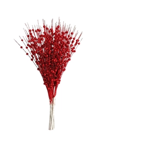 Close-up of glitter-coated red Christmas berry stems for festive floral decoration