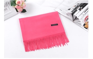 Detail of pink cashmere scarf with fringes and woven material label on a lifestyle background