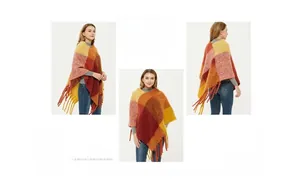 Three-view layout of a chunky color-block knit poncho with long fringe details for autumn