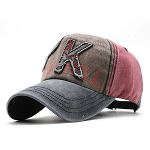 Retro patchwork baseball cap with embroidered K and RECALL text in vintage washed cotton