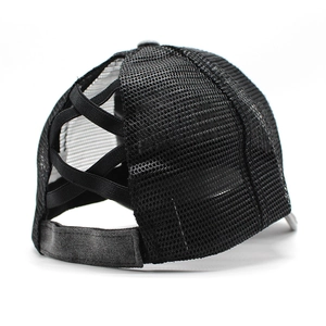 Detail of black ponytail baseball cap with crisscross elastic bands and mesh design
