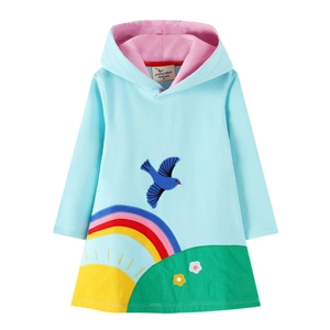 Light blue girls long sleeve dress with colorful bird and rainbow embroidery