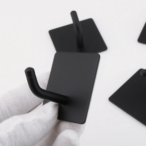 Matte black stainless steel adhesive wall hooks with square base and L-shaped design