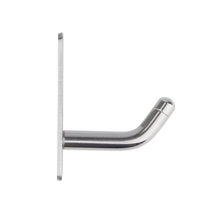 Detailed side view of polished stainless steel J-shaped wall hook with round base