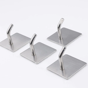 Set of 4 brushed stainless steel adhesive wall hooks with square base for kitchen and bath