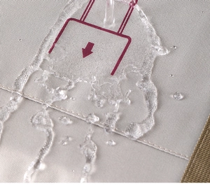 Macro detail of waterproof gray Oxford cloth showing water droplets on fabric surface