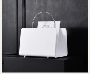 Minimalist white acrylic magazine rack with silver semi-circular metal handle detail