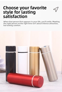 Detailed display of mini stainless steel vacuum flasks in black, white, gold, silver and red