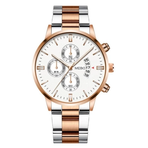 Men's business watch with two-tone rose gold steel strap and white chronograph dial