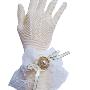 Elegant white lace Lolita bridal gloves with ribbon bow and pearl rhinestone brooch detail