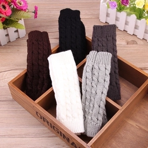 Detailed knit cable pattern on five different colors of winter fingerless gloves