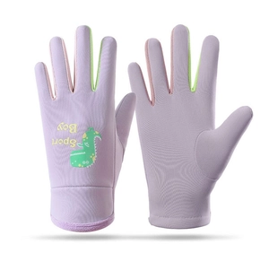 Detail of waterproof kids winter gloves with purple dinosaur design and fleece lining